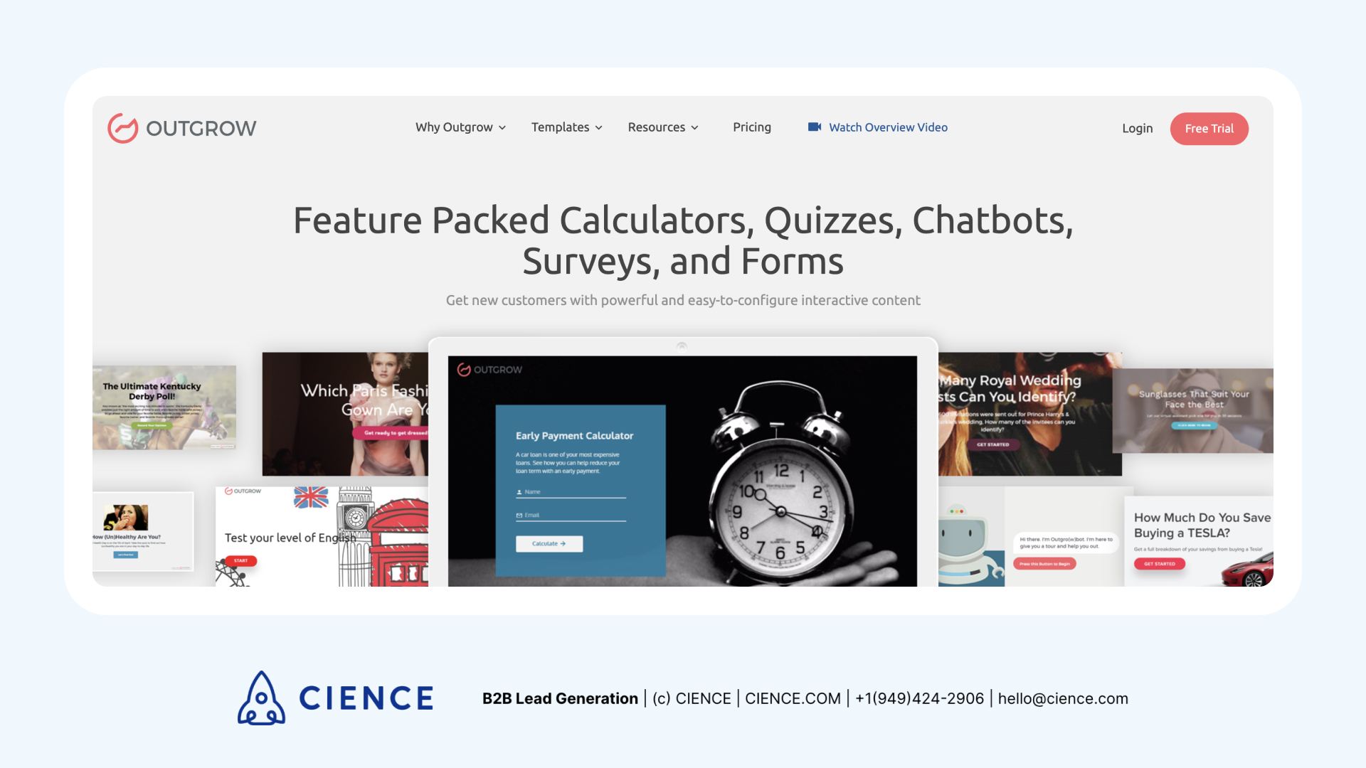 Outgrow interactive content builder showing quiz and calculator templates for lead generation campaigns